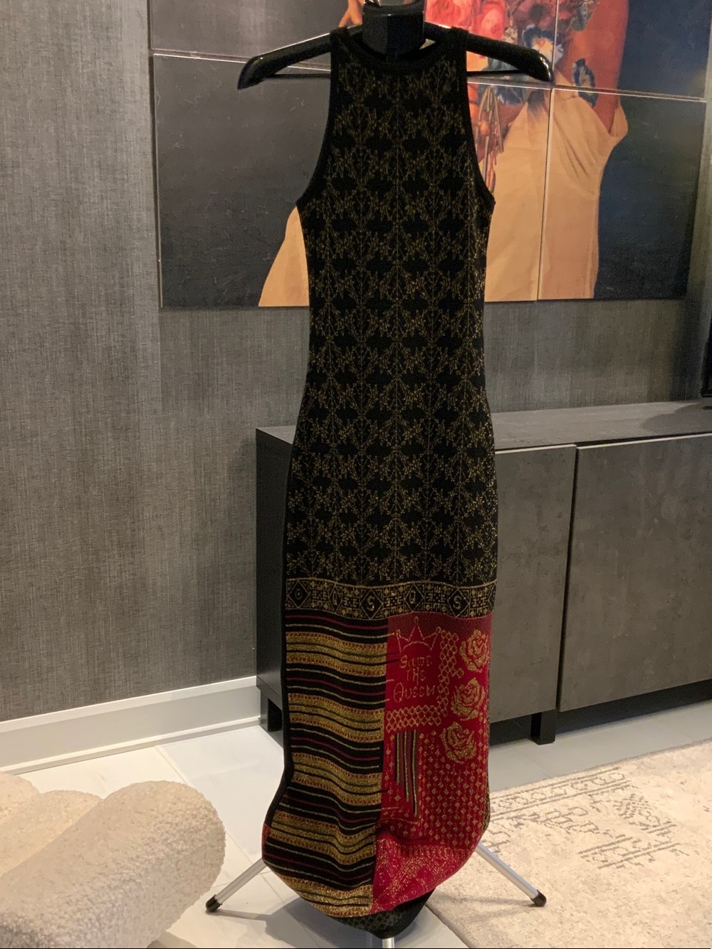 Save The Queen Black Maxi Dress with Red & Gold Panels L